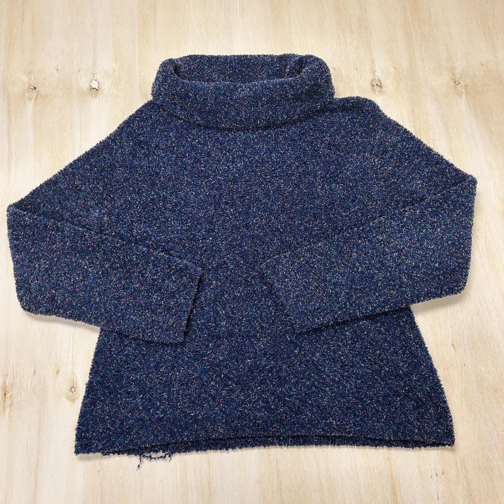 Vintage Bentley Sweater Womens Medium Blue Turtleneck Boucle Fuzzy Chunky-Knit